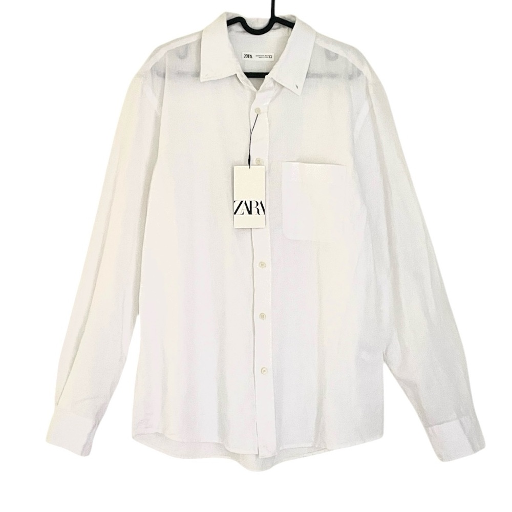 Zara Linen Blend Classic White Button-Down Shirt